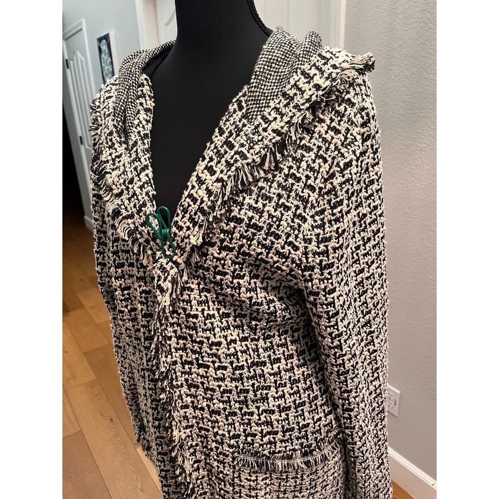 Black Ivory Tweed Hooded Fringe Coatigan Womens L Laundry Shelli Segal - Picture 5 of 15